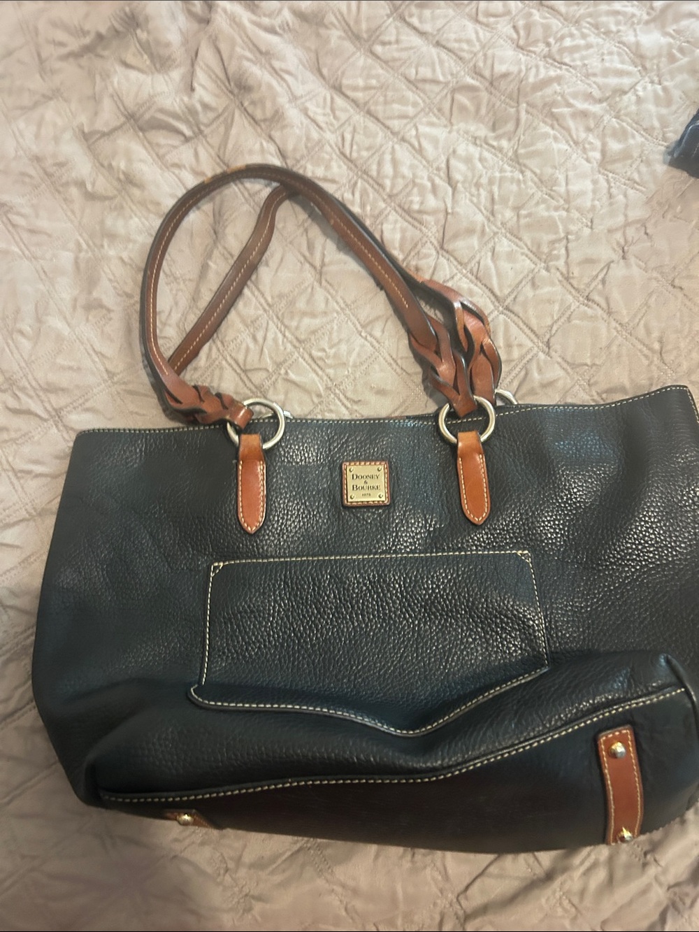 Dooney & Bourke Black Leather Tote with Tan Trim and Braided Tan Handles